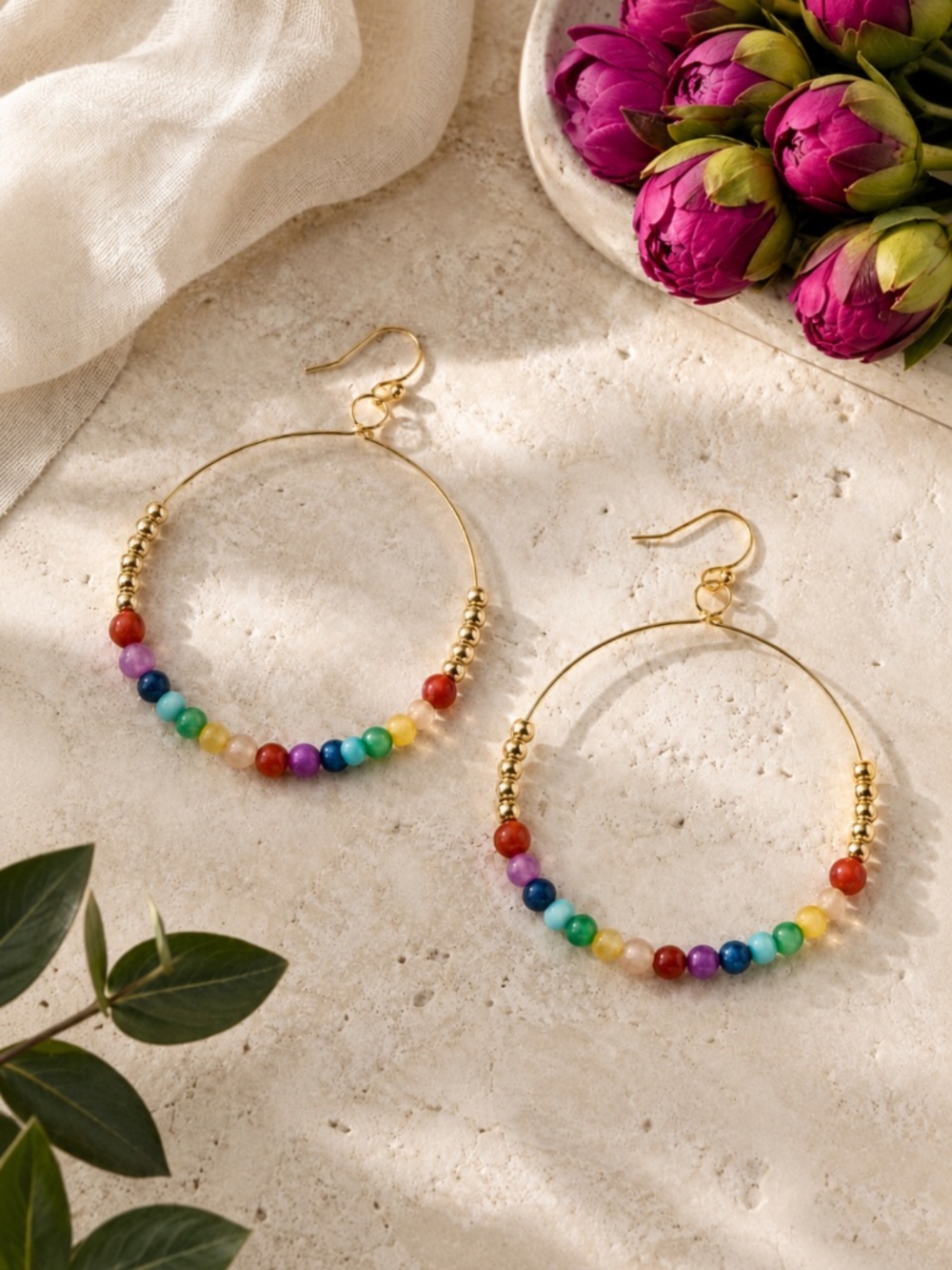 Rainbow Natural Stone Circle Earrings
